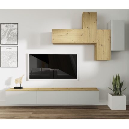 Set mobilier living mdf gri stejar artisan Oten 216x32x190 cm