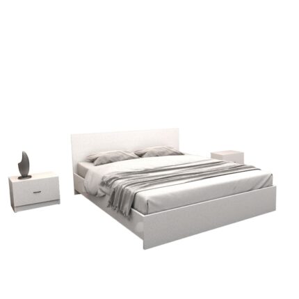 Set Pat Stefan Alb 140 x 200 cu Saltea din spuma poliuretanica si plasa de arcuri 140 cm x 200 cm si Noptiere Albe 44x32x23 cm