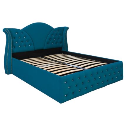 Pat dublu tapitat Florida cu nasturi sticla 140/200 cm turcoaz cu somiera metalica rabatabila si spatiu de depozitare
