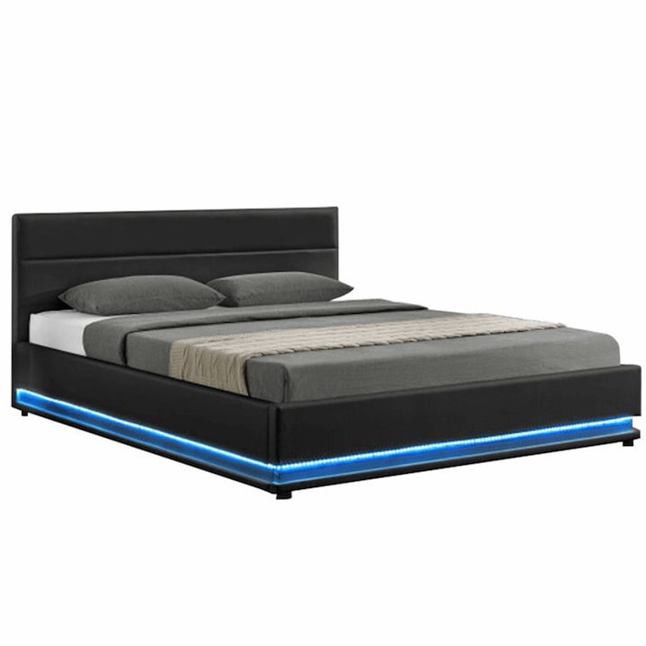 Pat cu iluminat tapiterie piele ecologica alba neagra Birget 180x200 cm