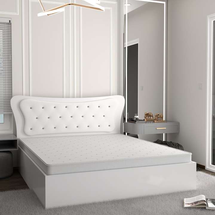 Set Pat Dante Alb cu Tapiterie Alba 160 cm x 200 cm cu Saltea din spuma poliuretanica si plasa de arcuri 160 cm x 200 cm