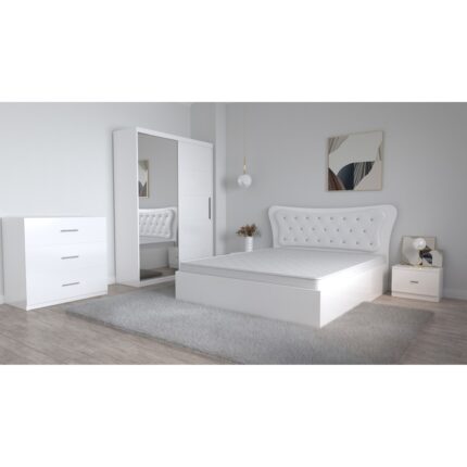 Pat Matrimonial 160 cm x 200 cm si Noptiere 48 cm X 32 cm X 35 cm si Dulap usi Glisante cu Oglinda tv 150 cm x 200 cm x 61 cm si Comoda TV 3 sertare 90 cm x 80 cm x 43 cm