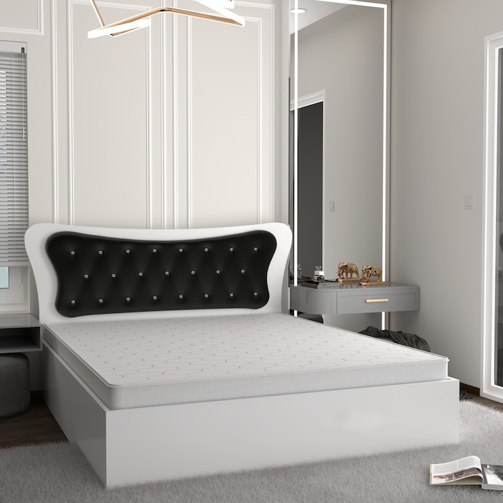 Set Pat Dante Alb cu Tapiterie Neagra 160 cm x 200 cm cu Saltea din spuma poliuretanica si plasa de arcuri 160 cm x 200 cm