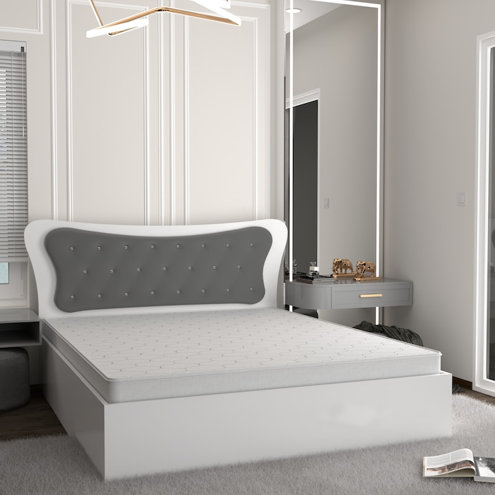 Set Pat Dante Alb cu Tapiterie Gri 160 cm x 200 cu Saltea din spuma poliuretanica si plasa de arcuri 160 cm x 200 cm