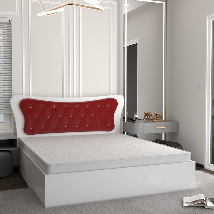 Set Pat Dante Alb cu Tapiterie Rosie 160 cm x 200 cm cu Saltea din spuma poliuretanica si plasa de arcuri 160 cm x 200 cm