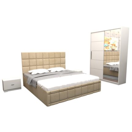 Set Dormitor Regal cu Pat Tapitat Bej stofa 160x200 cm cu dulap usi glisante Alb cu oglinda 150x200x61 cm si fara comoda Tv