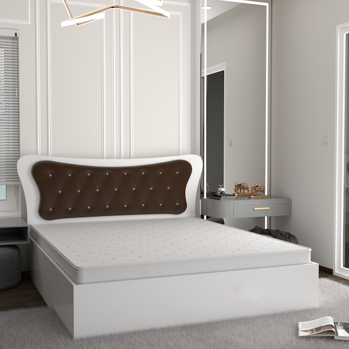Set Pat Dante Alb cu Tapiterie Maro 160 cm x 200 cm cu Saltea din spuma poliuretanica si plasa de arcuri 160 cm x 200 cm
