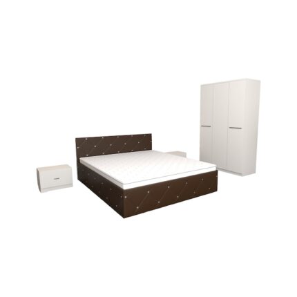 Set Dormitor Milano Maro cu Dulap 3 usi Alb 123x192x48 cm cu Pat Matrimonial Maro 160 x 200 cm si Noptiere Albe 44x32x23 cm