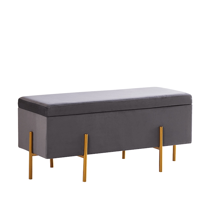 Bancuta spatiu depozitare tapiterie catifea gri picioare metal auriu Gral 100x45x45 cm