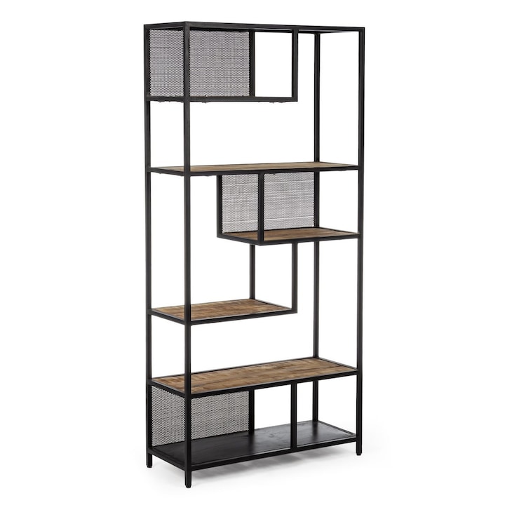 Raft 6 polite de pardoseala din fier negru si polite din lemn maro Roderic 84 cm x 35 cm x 188 h