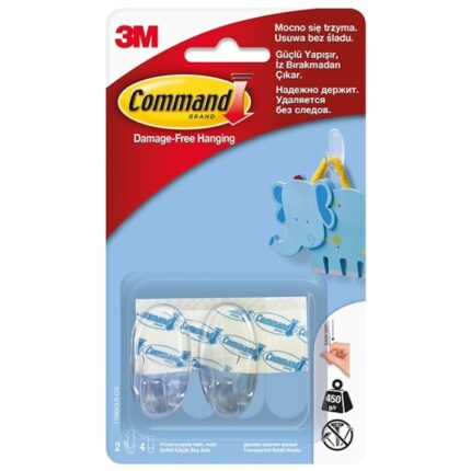 Carlig transparent mic 2 carlige + 4 benzi dublu adezive/set Command 3M