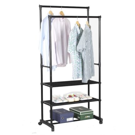 Suport haine cu 2 polite metal negru Tirus 78.5x42x165 cm