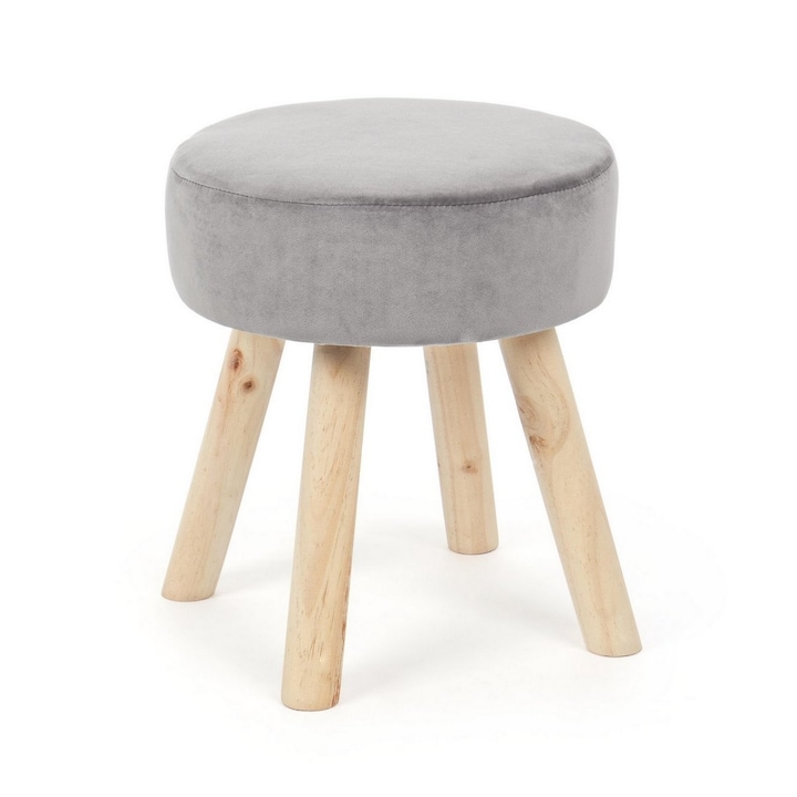 Taburet cu picioare din lemn natur si sezut velur gri Adeline 34x34x38 cm
