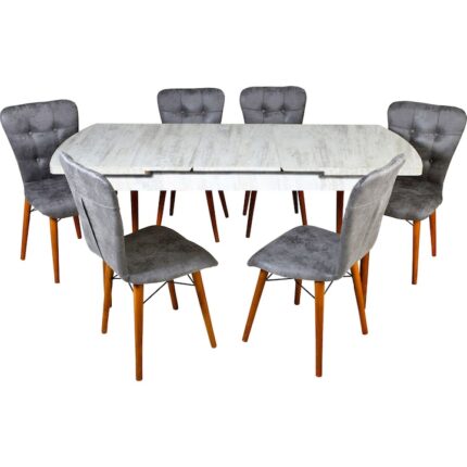 Set masa extensibila alba cu picioare lemn cu 6 scaune tapitate textil Homs grey 170 x 80 cm