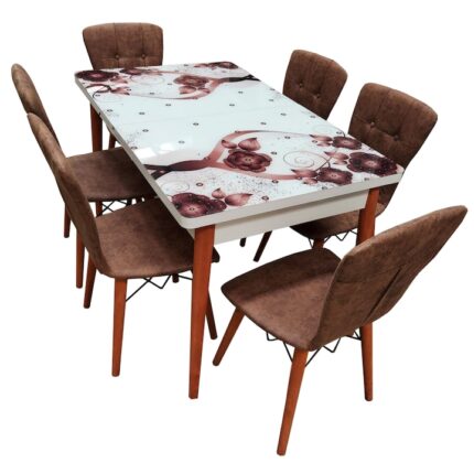 blat sticla securizata +6 scaune tapitate Fusion Homs maro 80x 170 cm