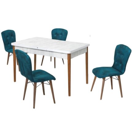 Set masa alba extensibila cu 4 scaune tapitate cobalt blue Homs picioare lemn 170 x 80 cm