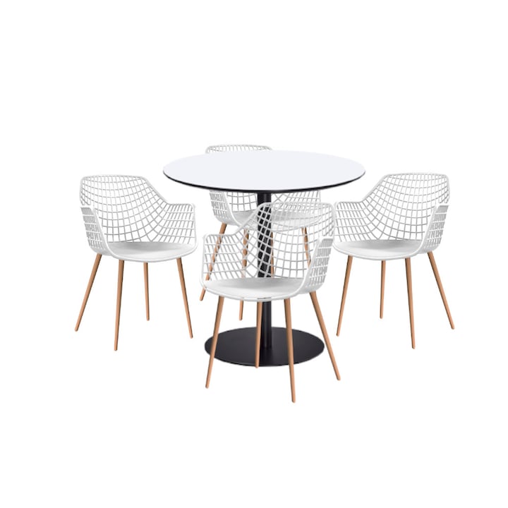 Set mobilier dining bucatarie RAKI masa rotunda cu blat MDF melaminat 80x75cm cu 4 scaune picioare lemn TOYAMA