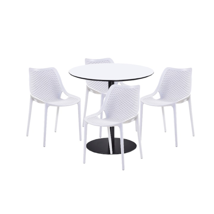 Set mobilier dining bucatarie RAKI masa rotunda cu blat MDF melaminat 80x75cm cu 4 scaune LONDON AIR albe
