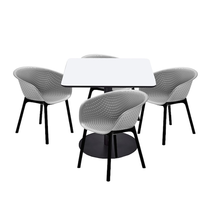 Set mobilier dining bucatarie RAKI masa patrata cu blat MDF melaminat 80x80x75cm cu 4 scaune tip fotoliu HAVANA gri