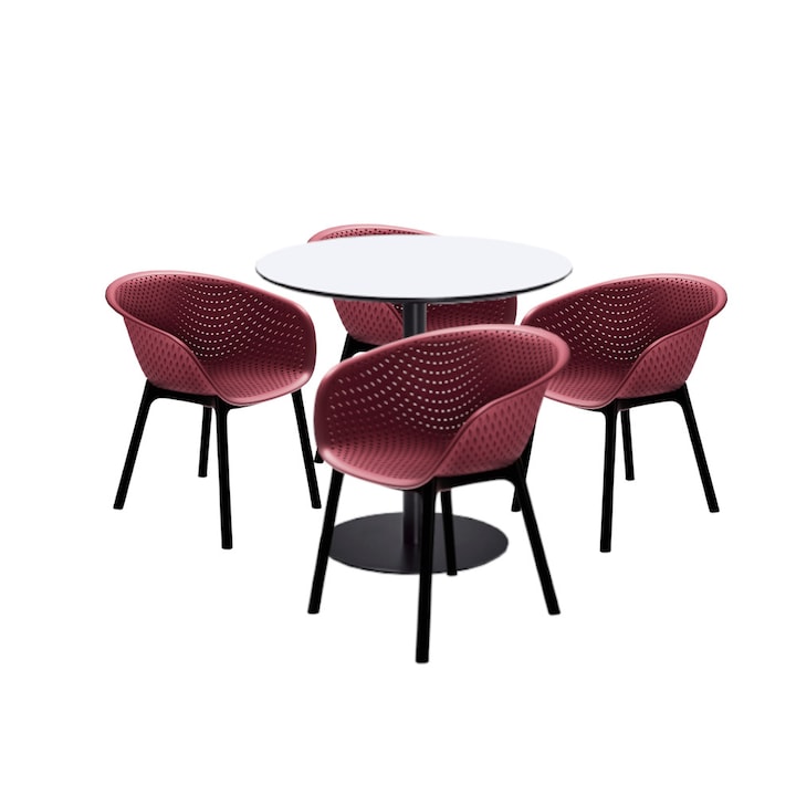 Set mobilier dining bucatarie RAKI masa rotunda cu blat MDF melaminat 80x75cm cu 4 scaune tip fotoliu HAVANA bordo