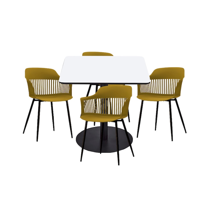 Set mobilier dining bucatarie RAKI masa patrata cu blat MDF melaminat 80x80x75cm cu 4 scaune Florida 53x59x81cm galben negru