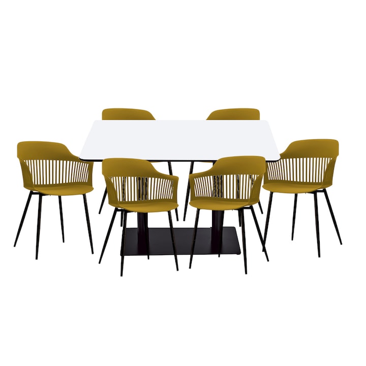 Set mobilier dining bucatarie RAKI masa dreptunghiulara cu blat MDF melaminat 120x80x75cm cu 6 scaune Florida 53x59x81cm galben negru