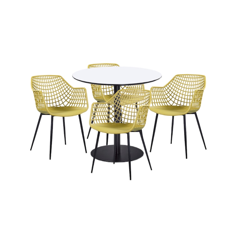 Set mobilier dining bucatarie RAKI masa rotunda cu blat MDF melaminat 80x75cm cu 4 scaune TOYAMA galben negru
