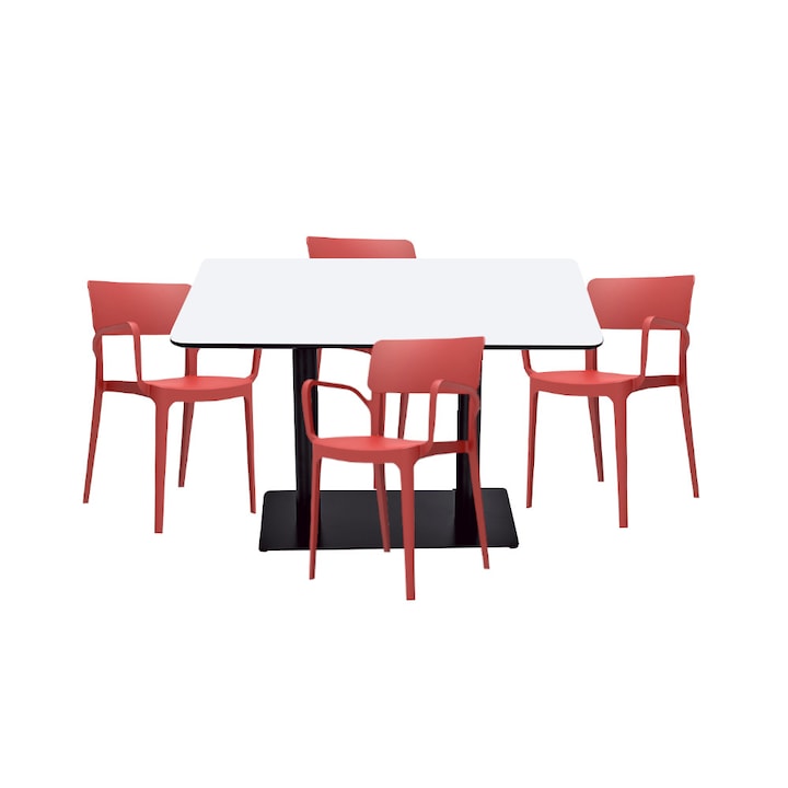 Set mobilier dining bucatarie RAKI masa dreptunghiulara cu blat MDF melaminat 120x80x75cm cu 4 scaune Panora rosii