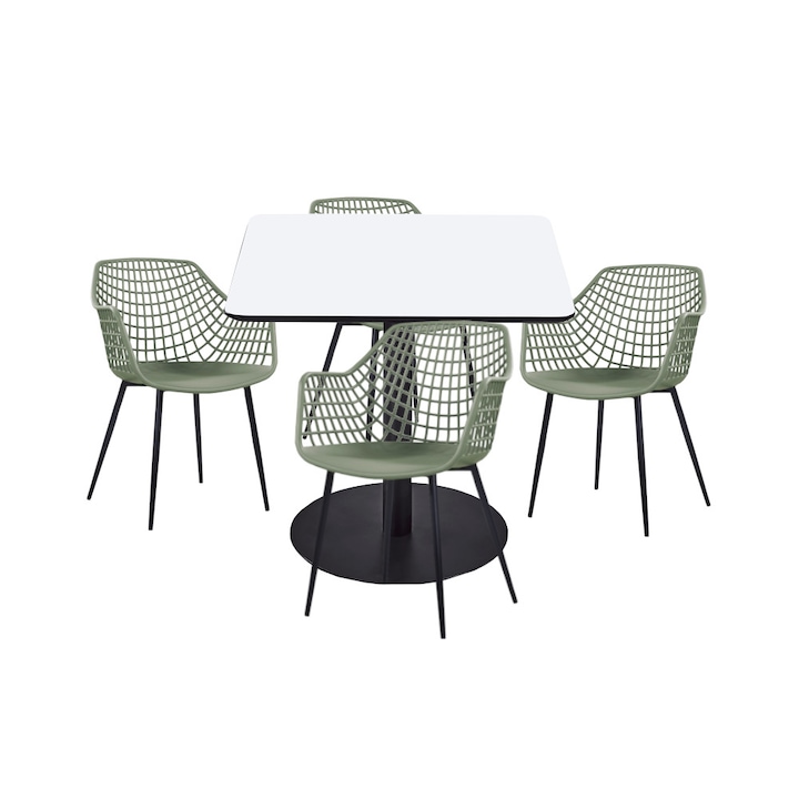Set mobilier dining bucatarie RAKI masa patrata cu blat MDF melaminat 80x80x75cm cu 4 scaune TOYAMA verde negru
