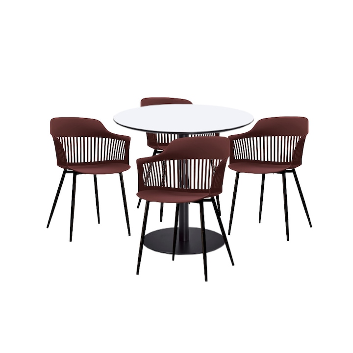 Set mobilier dining bucatarie RAKI masa rotunda cu blat MDF melaminat 80x75cm cu 4 scaune Florida 53x59x81cm mov negru
