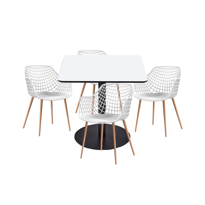 Set mobilier dining bucatarie RAKI masa patrata cu blat MDF melaminat 80x80x75cm cu 4 scaune picioare lemn TOYAMA