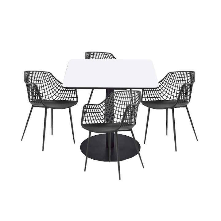 Set mobilier dining bucatarie RAKI masa patrata cu blat MDF melaminat 80x80x75cm cu 4 scaune TOYAMA negre