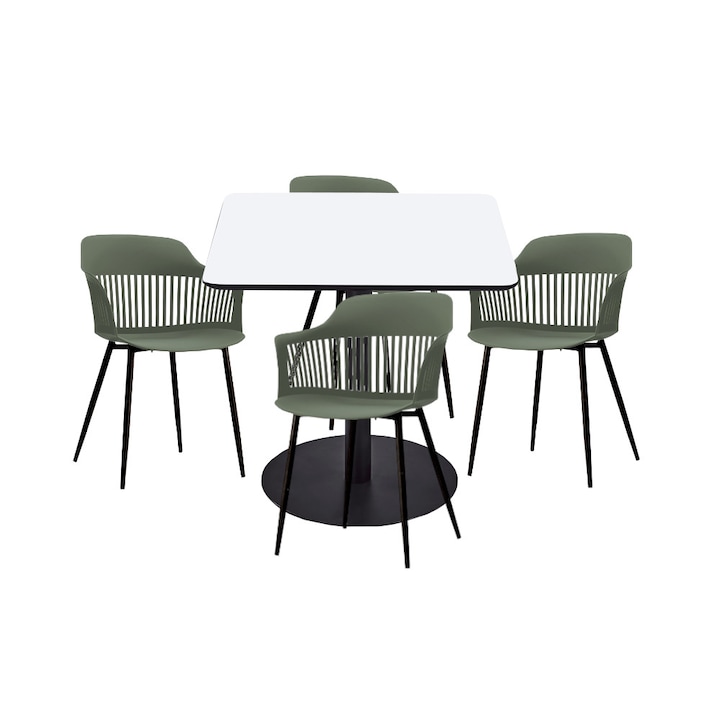 Set mobilier dining bucatarie RAKI masa patrata cu blat MDF melaminat 80x80x75cm cu 4 scaune Florida 53x59x81cm verde negru