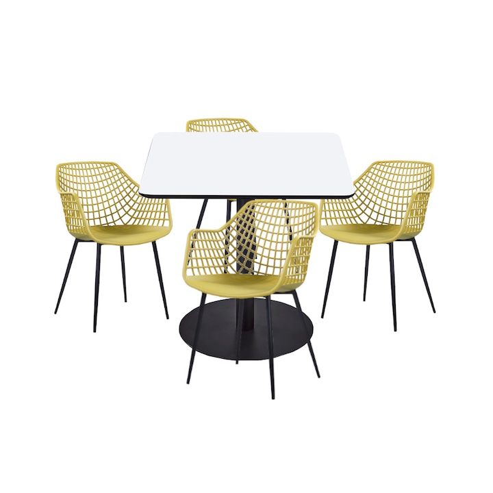 Set mobilier dining bucatarie RAKI masa patrata cu blat MDF melaminat 80x80x75cm cu 4 scaune TOYAMA galben negru