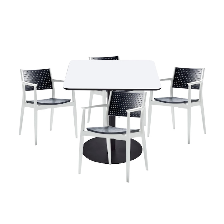 Set mobilier dining bucatarie RAKI masa patrata cu blat MDF melaminat 80x80x75cm cu 4 scaune SEGINIUS alb antracit