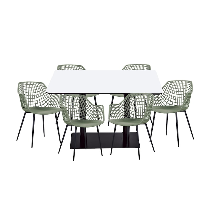 Set mobilier dining bucatarie RAKI masa dreptunghiulara cu blat MDF melaminat 120x80x75cm cu 6 scaune TOYAMA verde negru