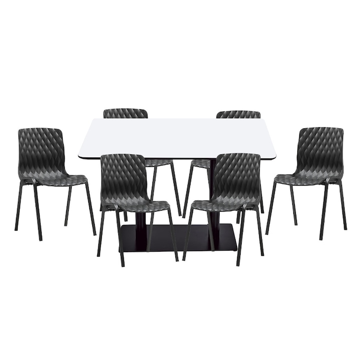 Set mobilier dining bucatarie RAKI masa dreptunghiulara cu blat MDF melaminat 120x80x75cm cu 6 scaune Royal negre