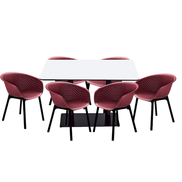 Set mobilier dining bucatarie RAKI masa dreptunghiulara cu blat MDF melaminat 120x80x75cm cu 6 scaune tip fotoliu HAVANA bordo