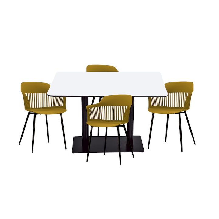 Set mobilier dining bucatarie RAKI masa dreptunghiulara cu blat MDF melaminat 120x80x75cm cu 4 scaune Florida 53x59x81cm galben negru