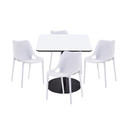 Set mobilier dining bucatarie RAKI masa patrata cu blat MDF melaminat 80x80x75cm cu 4 scaune LONDON AIR albe