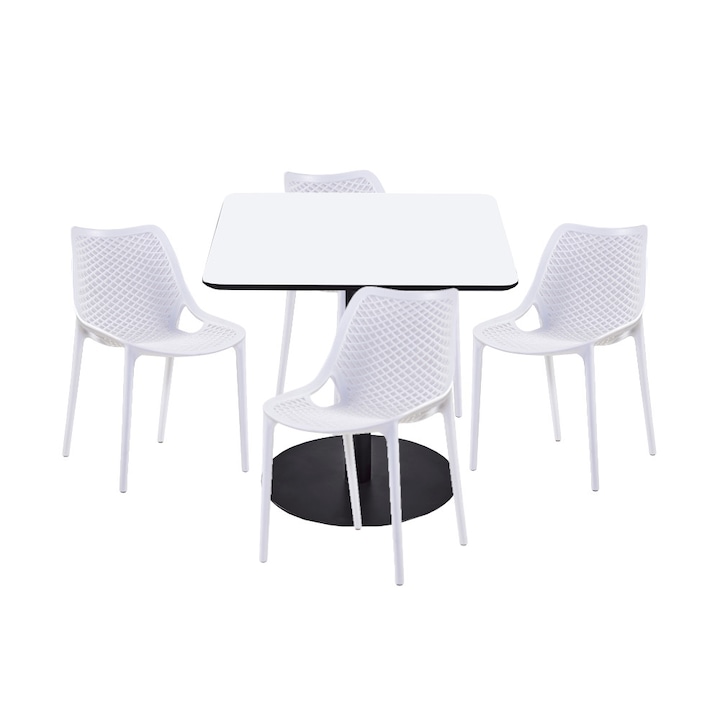 Set mobilier dining bucatarie RAKI masa patrata cu blat MDF melaminat 80x80x75cm cu 4 scaune LONDON AIR albe