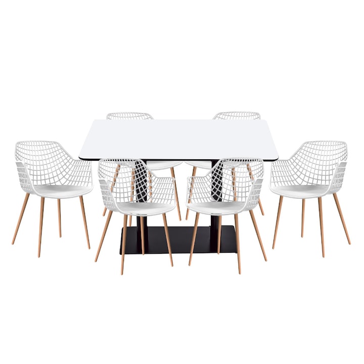 Set mobilier dining bucatarie RAKI masa dreptunghiulara cu blat MDF melaminat 120x80x75cm cu 6 scaune picioare lemn TOYAMA