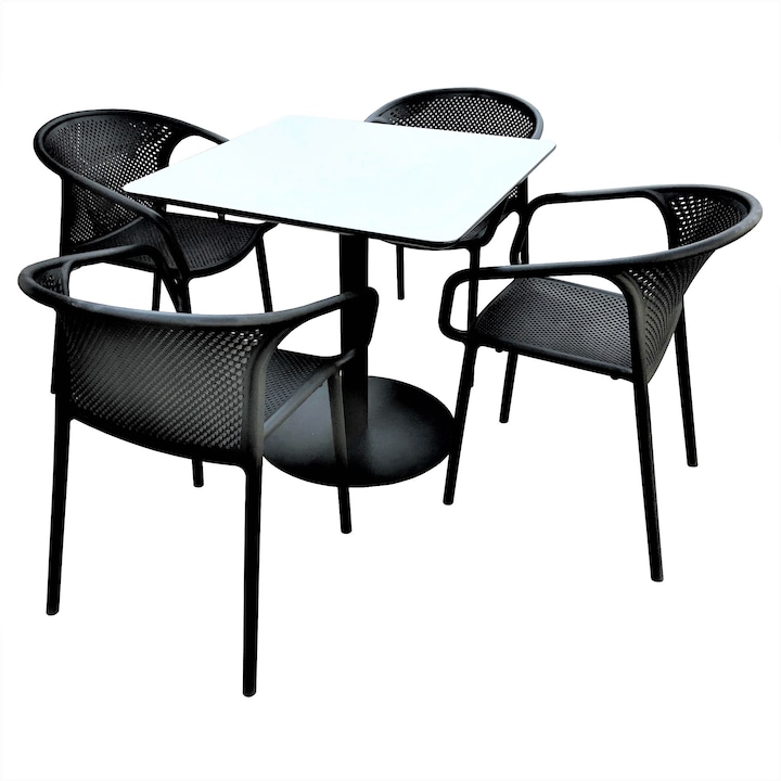 Set mobilier dining bucatarie RAKI masa patrata cu blat MDF melaminat 80x80x75cm cu 4 scaune cu spatar rotunjit CHICAGO negru