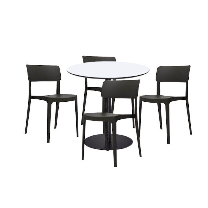 Set mobilier dining bucatarie RAKI masa rotunda cu blat MDF melaminat 80x75cm cu 4 scaune Pano negre