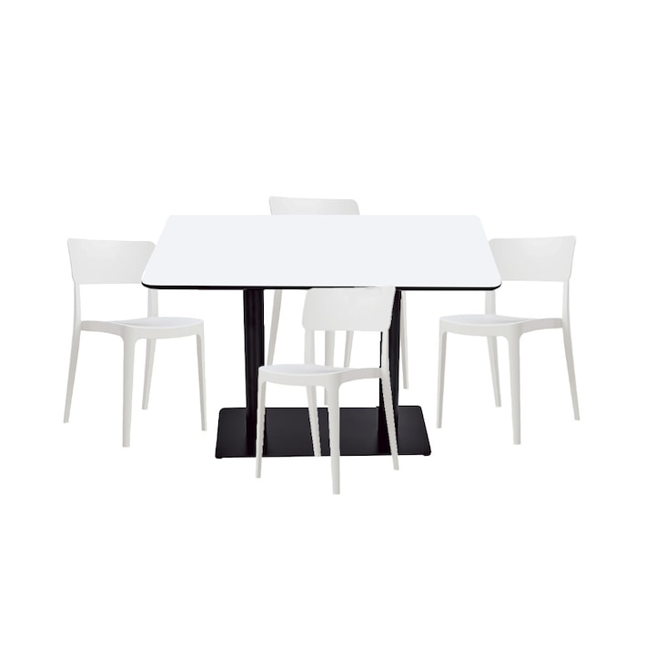 Set mobilier dining bucatarie RAKI masa dreptunghiulara cu blat MDF melaminat 120x80x75cm cu 4 scaune Pano albe