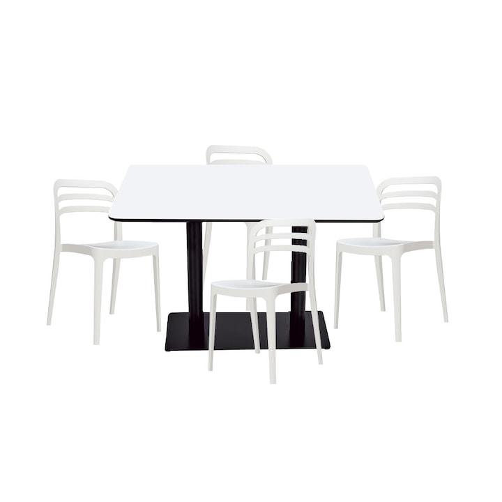 Set mobilier dining bucatarie RAKI masa dreptunghiulara cu blat MDF melaminat 120x80x75cm cu 4 scaune Aspen albe