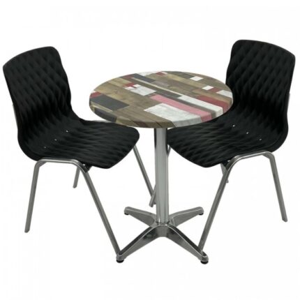 Set mobila de terasa restaurant RAKI Redden Wood masa rotunda 60cm cu blat werzalit si baza aluminiu cu 2 scaune ROYAL negre