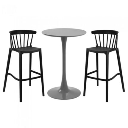 masa rotunda gri D60xh110cm si 2 scaune polipropilena negre 51x54xh103cm