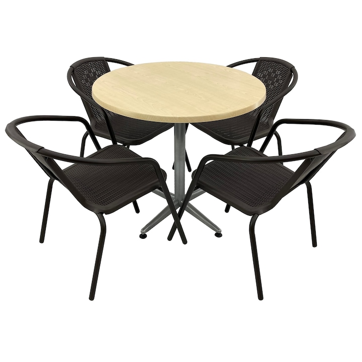 Set 4 scaune CAMPMAN maro cu masa rotunda D80cm AGMA HORECA MAPLE cu blat werzalit si baza gri clasic