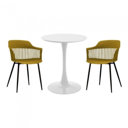 masa rotunda alba D60xh76cm Nikko si 2 scaune polipropilena/picioare metalice Florida 53x59xh81cm galben/negru